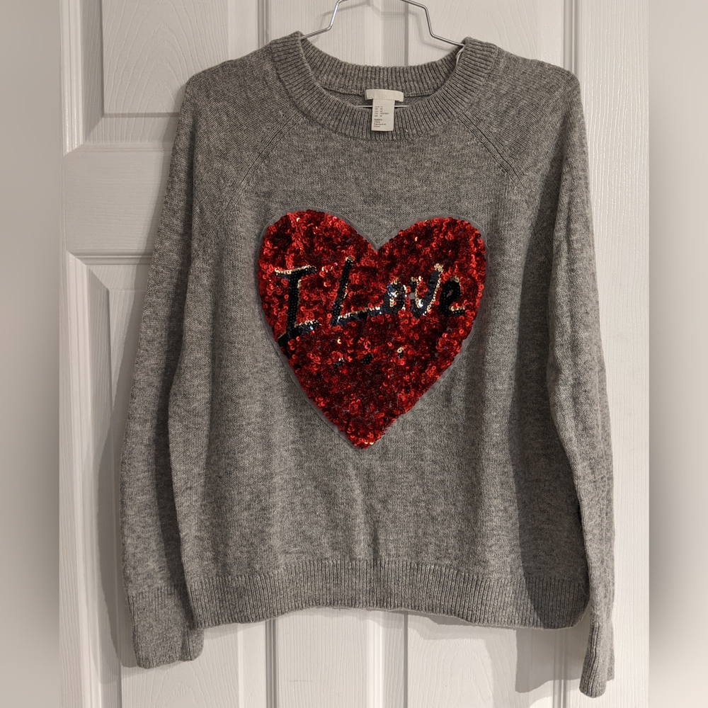 H&M Gray Sweater with Red Heart Sequin Design - Alpaca Blend